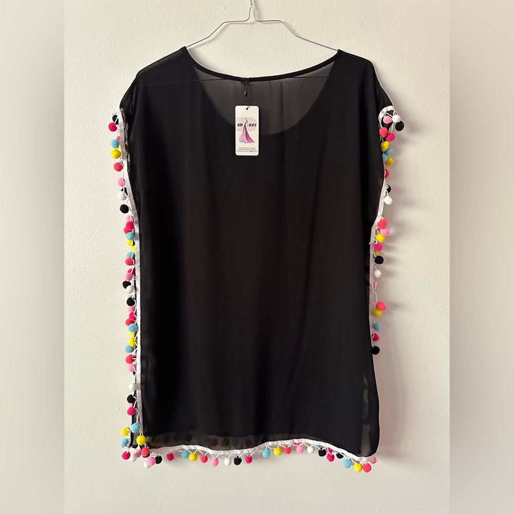 GD Key NWT women’s swim cover Sz S/M Black Sheer Scoop Neck with Pompom trim. - Picture 2 of 5